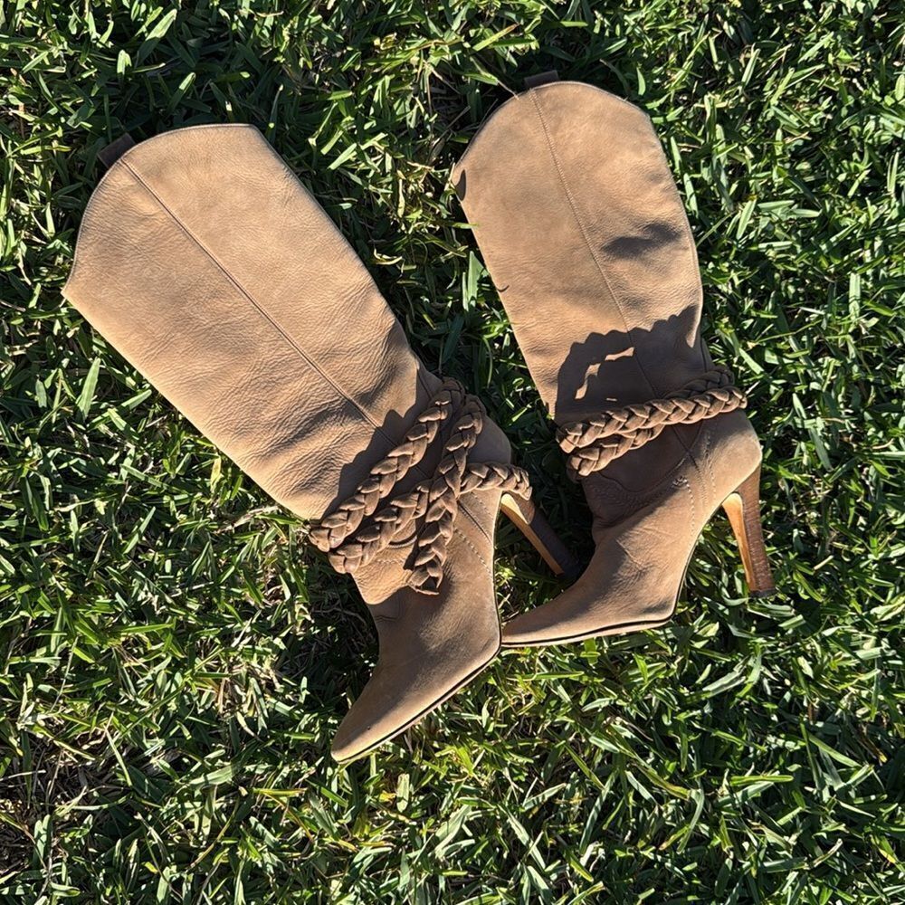 Tan Heeled Boots - Long Boots - Braided - Like New - Manolo Blahnik